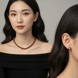 Vintage-Style Brown Beaded Necklace, Bracelet, Earrings Set